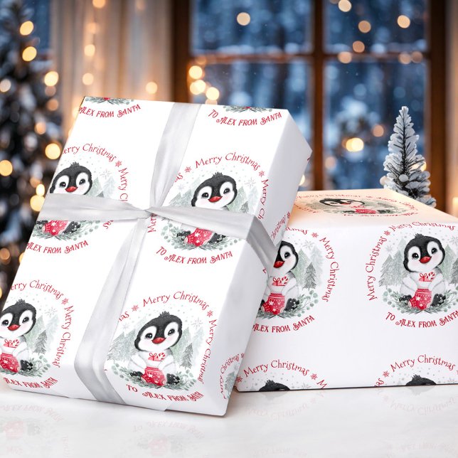 Papel De Presente Cute Penguin Personalizado Nome Natal (Cute Penguin Personalized Christmas Wrapping Paper)