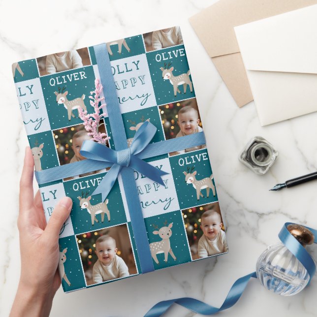 Papel De Presente Cute Personalized Baby Photo Reindeer Christmas (Presentear)