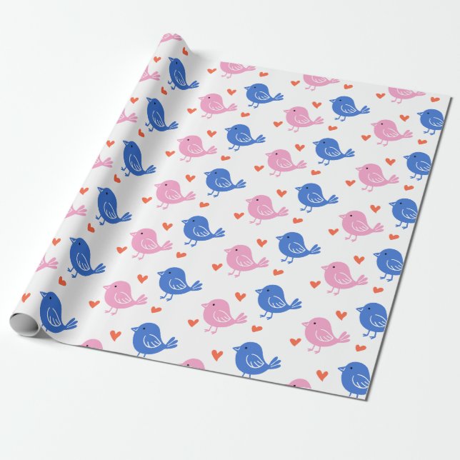Papel De Presente Cute Pink Blue Bird Heart Pattern Repeating Love  (Desenrolado)