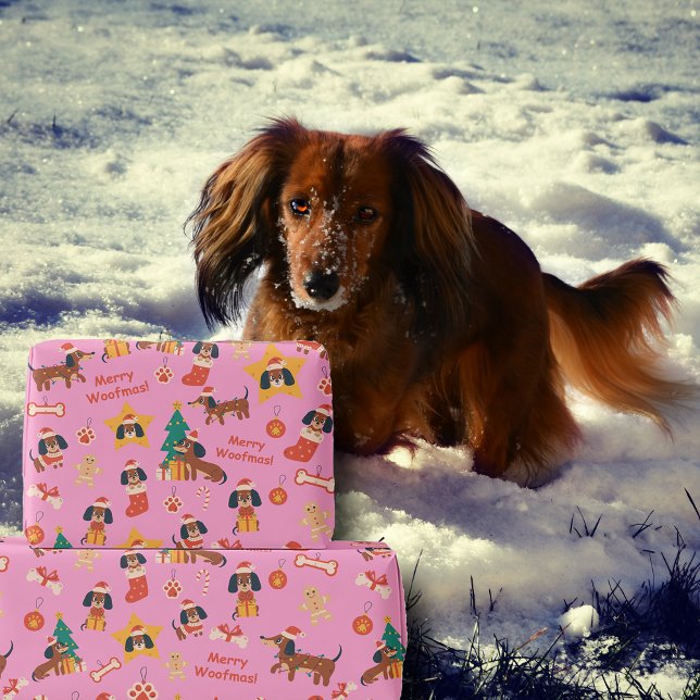 Papel De Presente Cute Pink Christmas Dachshund Merry Woofmas (Cute festive Dachshund wrapping paper in pink, perfect for Dachshund dog lovers and the pups too!)