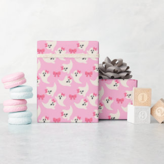 Papel De Presente Cute Pink Halloween com Fantasmas e Laços