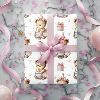 Papel De Presente Cute Pink Teddy Bear Birthday Party Wrapping Paper