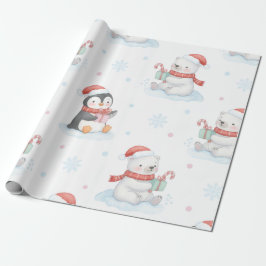 Papel De Presente Cute Polar Bears Penguins Christmas Wrapping Paper