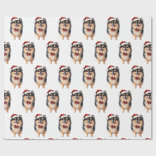 Papel De Presente Cute Pomeranian with Santa Hat (Aberto)