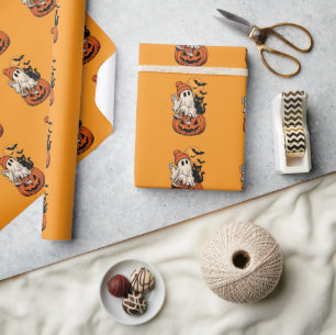 Papel De Presente Cute Retro Halloween Fantasma Abóbora Nossa Famíli