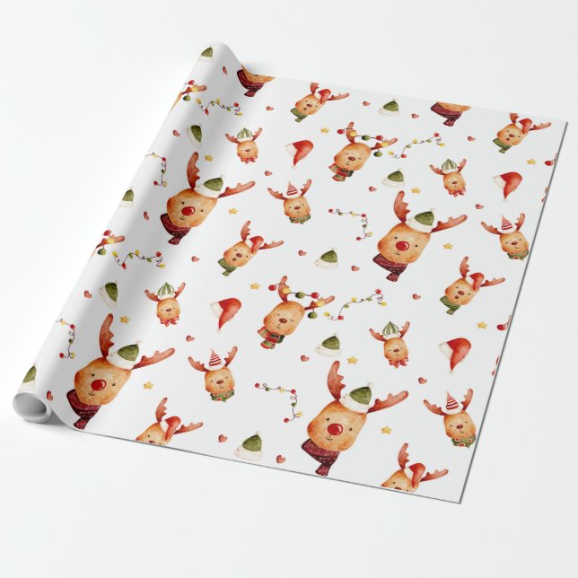 Papel De Presente Cute Rudolph Reindeer Natal (Desenrolado)