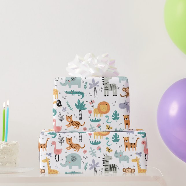 Papel De Presente Cute Safari Jungle Animals Personalized Baby Name (Presentes para festas)