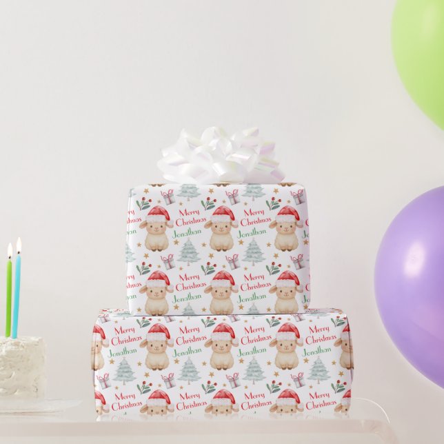 Papel De Presente Cute Sheep Santa Hat Christmas Tree (Presentes para festas)