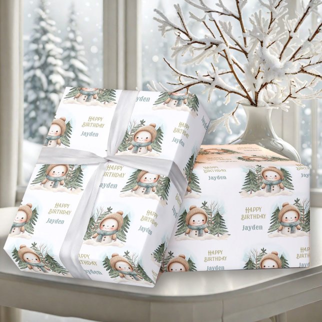 Papel De Presente Cute Snowman Winter Birthday Boy (Cute Snowman Winter Birthday Boy Name Wrapping Paper)