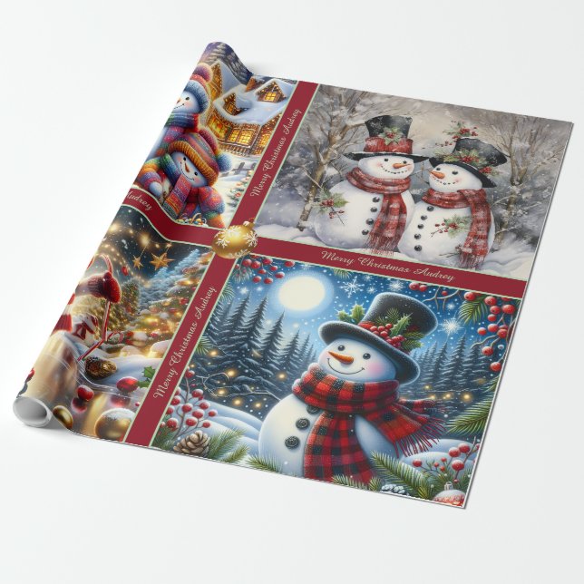 Papel De Presente Cute Snowmen Christmas Wrapping Paper with Text (Desenrolado)