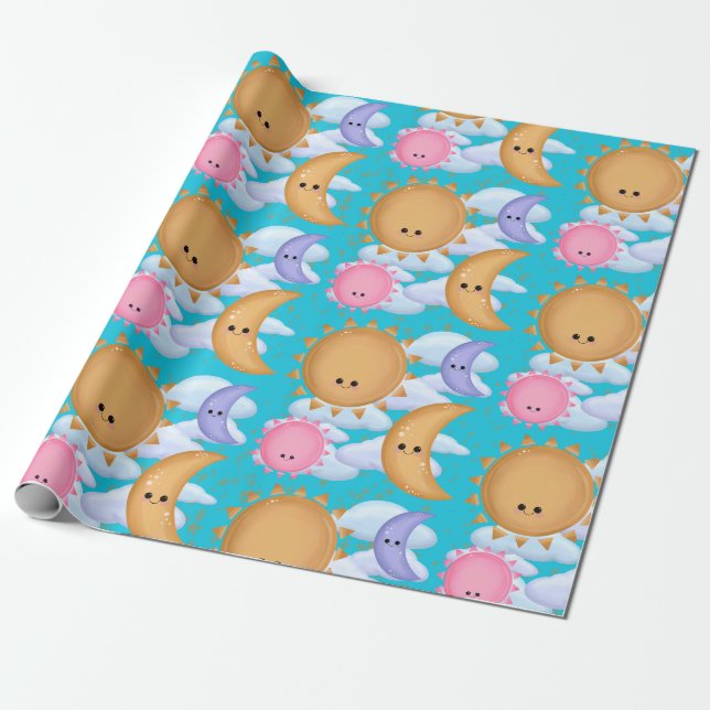 Papel De Presente Cute Sun Moon and Cloud Pattern Wrapping Paper (Desenrolado)