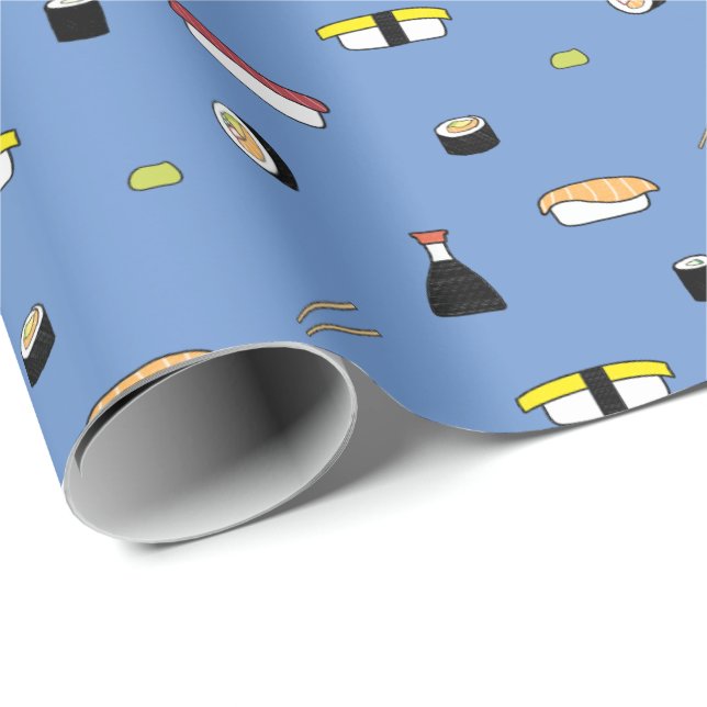 Papel De Presente Cute Sushi Roll Set Pattern Nigiri Maki | Azul (Ponta do rolo)