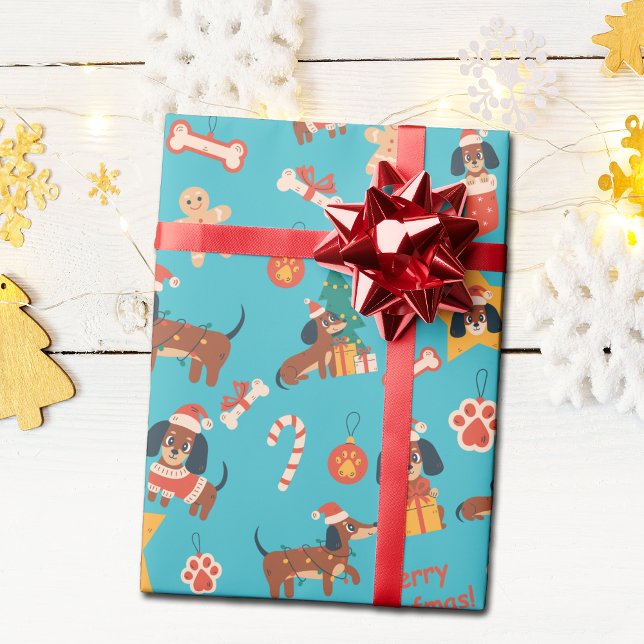 Papel De Presente Cute Teal Christmas Dachshund Merry Woofmas (Cute festive Dachshund wrapping paper in teal, perfect for Dachshund dog lovers and the pups too!)