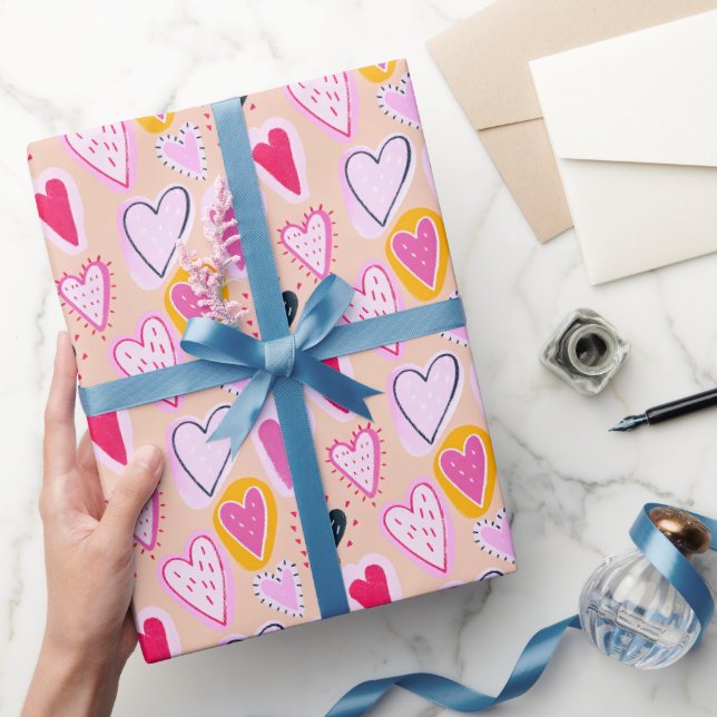 Papel De Presente Cute Valentine & Birthday Hearts Doodle Rosa (Presentear)