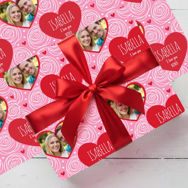 Papel De Presente Cute Valentine's Day Photo Name Hearts & Roses (Criador carregado)