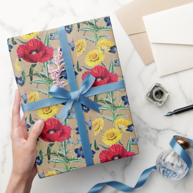 Papel De Presente Cute Vintage Poppy Daisy Floral Kraft (Presentear)