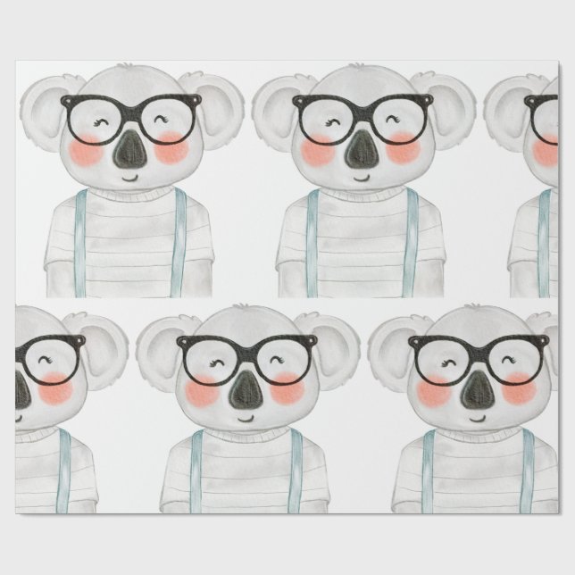 Papel De Presente Cute Watercolor Koala with Glasses (Aberto)