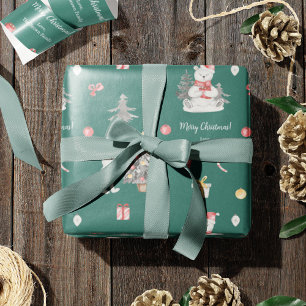 Papel De Presente Cute Watercolor Polar Bear with Christmas Greeting