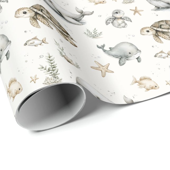 Papel De Presente Cute Watercolour Ocean Baby Animals  (Ponta do rolo)