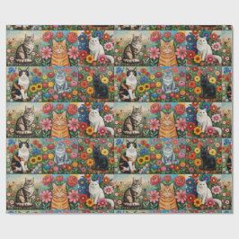 Papel De Presente Cute Whimsical Cats and Folk Art Flowers
