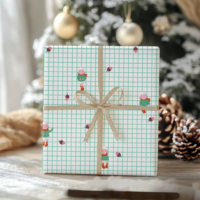 Papel De Presente Cute Winter Sheep & Acorns on Mint Grid- Christmas (Criador carregado)