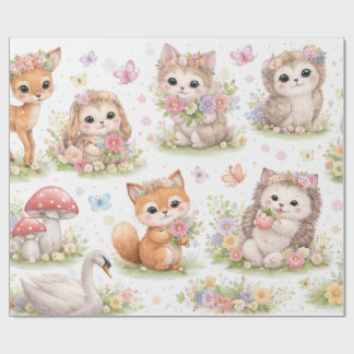 Papel De Presente Cute Woodland Baby Animals Floral Wrapping Paper