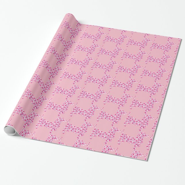 Papel De Presente Dachshund Bonito em Corações Rosa (Desenrolado)