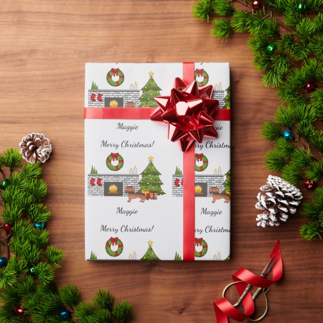 Papel De Presente Dachshund Casaco Liso Sable Vermelho em Sala de Na (Presente de Natal)
