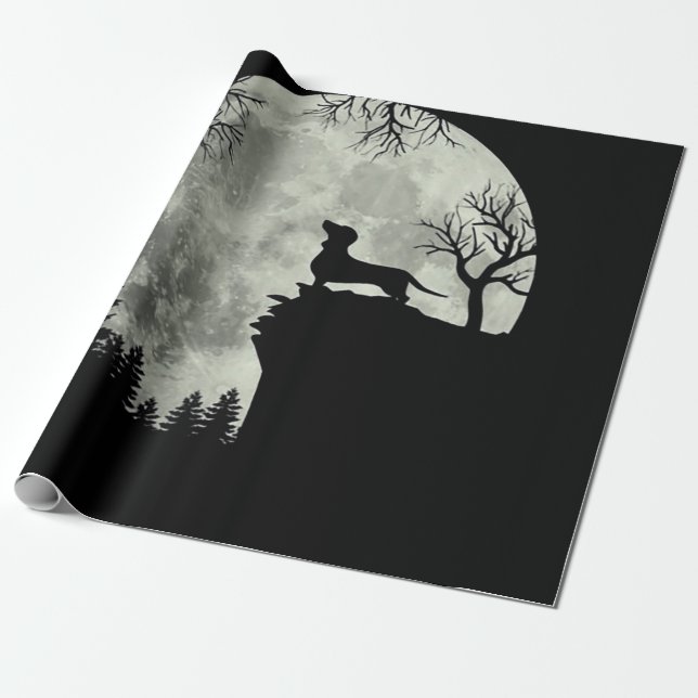 Papel De Presente Dachshund E Lua Halloween (Desenrolado)