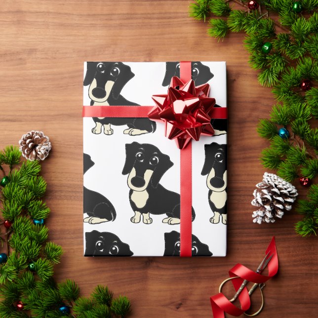 Papel De Presente dachshund preto e cartoon creme (Presente de Natal)