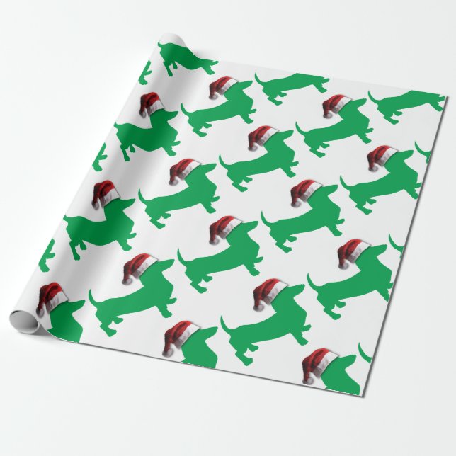 Papel De Presente Dachshund Verde Claro com Chapéu de Papai Noel (Desenrolado)