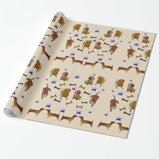 Papel De Presente Dachshunds & Ossos de Cachorro Aquarela (Desenrolado)