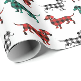 Papel De Presente Dachshunds vermelhos e verdes da flanela do Natal