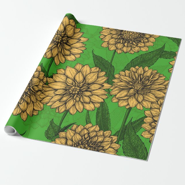 Papel De Presente Dahlias em amarelo e verde (Desenrolado)