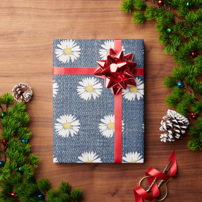 Papel De Presente Daisies Blue Jean Denim (Presente de Natal)