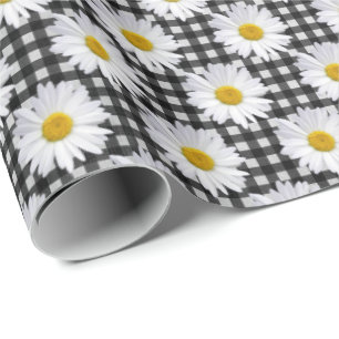 Papel De Presente Daisies Brancas Em Gingham