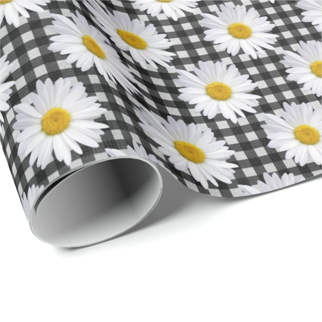 Papel De Presente Daisies Brancas Em Gingham (Ponta do rolo)