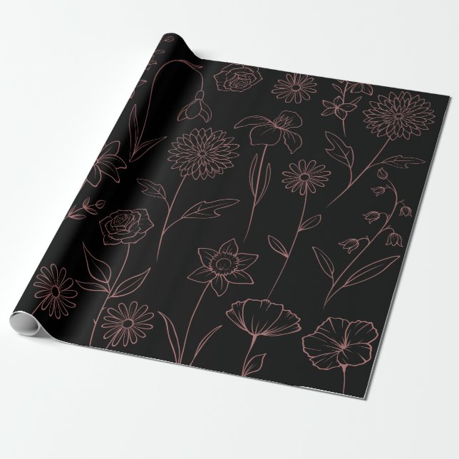 Papel De Presente Daisies Poppies Larkspur Garden Padrão Rosa Preto (Desenrolado)