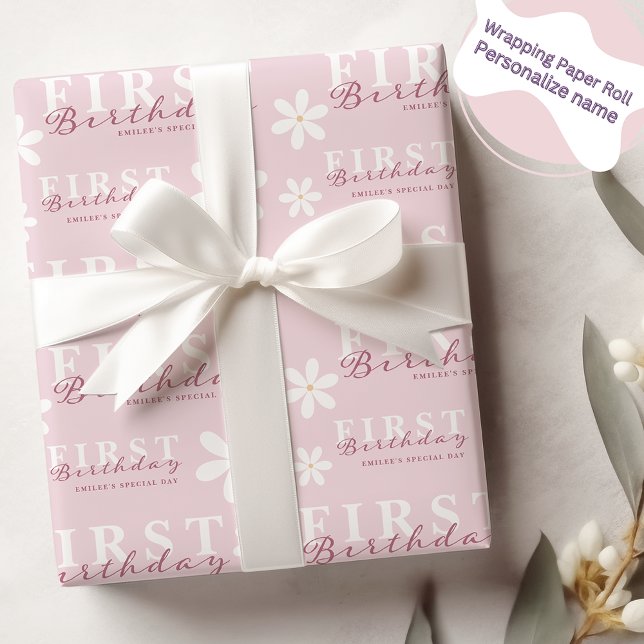 Papel De Presente Daisy First Birthday Pink Themed Party (Criador carregado)