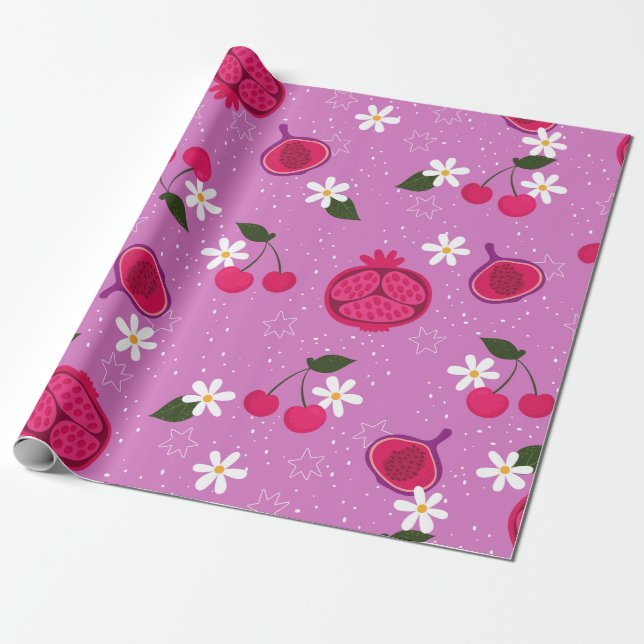Papel De Presente Daisy floral de fruta de romã roxa (Desenrolado)