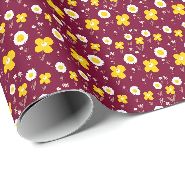 Papel De Presente Daisy Flowers Amarelo Maroon Branco (Ponta do rolo)