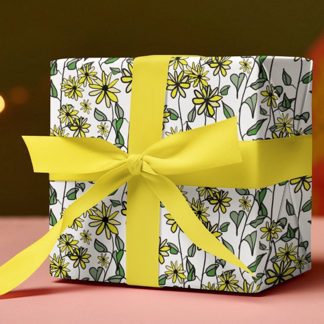 Papel De Presente Daisy Pattern Cute Boho Gift Desenhado À Mão (Immerse yourself in the tranquility of the Yellow Wildflowers Collection -- hand-drawn and unique.)