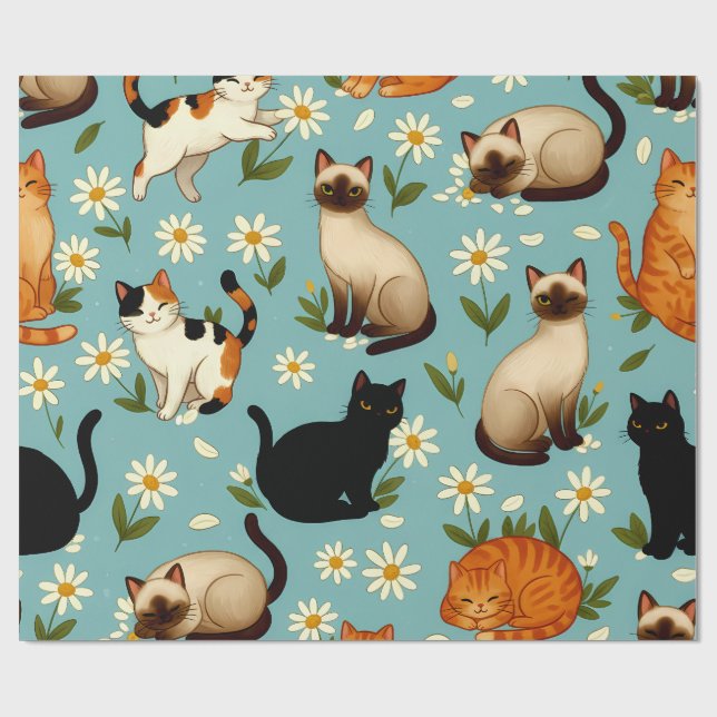 Papel De Presente Daisy Paws Parade – Playful Cats & Blooms (Aberto)