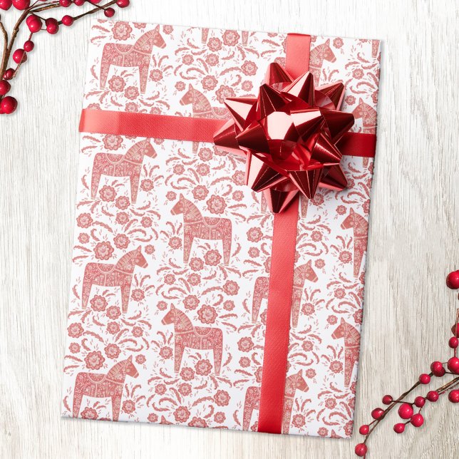 Papel De Presente Dala Horse Red and White FolArt (Red and white Swedish Dala Horse pattern gift wrapping paper )