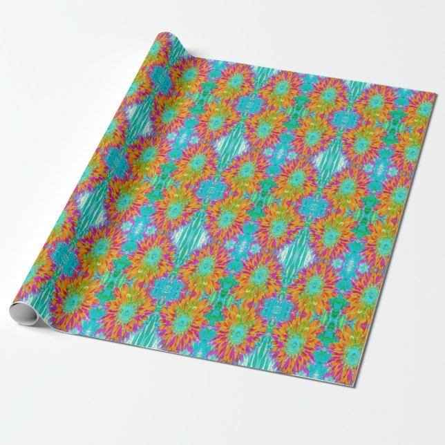 Papel De Presente Dália Decorativa Laranja Tropical e Rosa Quente (Desenrolado)