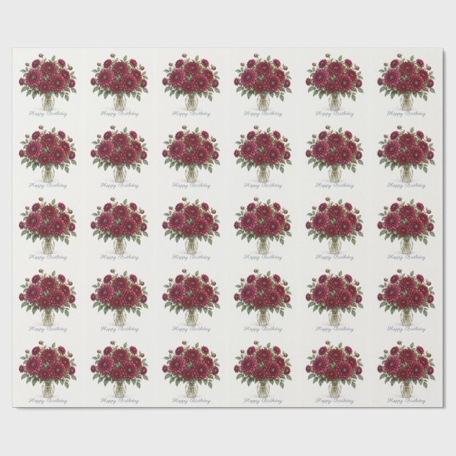Papel De Presente Dálias Burgundy Feliz Aniversário (Aberto)