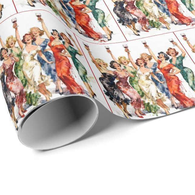 Papel De Presente Damas de Festa Retro com Vinho Tinto (Ponta do rolo)