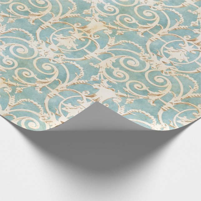 Papel De Presente Damasco azul e bege elegante (Ponta)