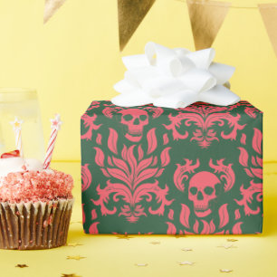Papel De Presente Damasco com Chama de Caveira em cor-de-rosa-de-cho
