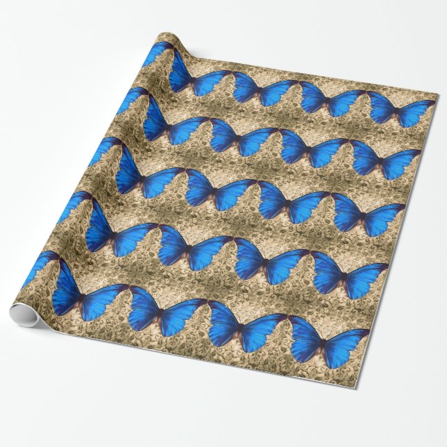 Papel De Presente Damasco de borboleta azul Monarca (Desenrolado)